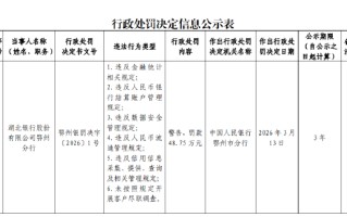 湖北银行鄂州分行被罚48.75万元：违反数据安全管理规定等
