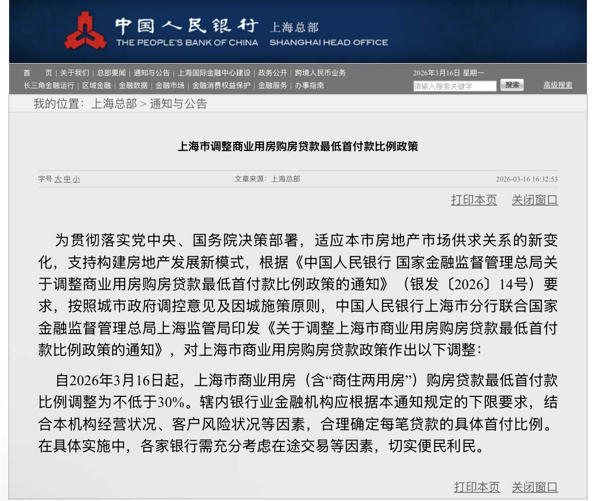 50%降至30%！上海调整商业用房贷款最低首付比例  第1张