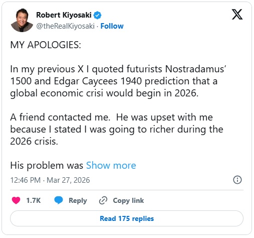 《富爸爸穷爸爸》作者清崎揭示他对“2026年大崩盘”的计划  第4张